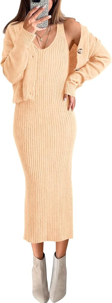 BTFBM Women Fall Knit Sweater Dress Set Bodycon Slit Midi Dresses Button Down Long Sleeve Cropped... | Amazon (US)