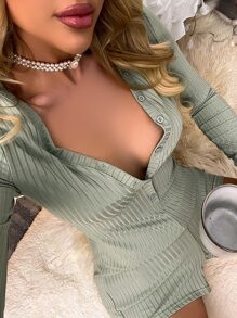 Ribbed Knit Button Front Sleep Romper
   SKU: si2112309966568666      
          (316 Reviews)
  ... | SHEIN