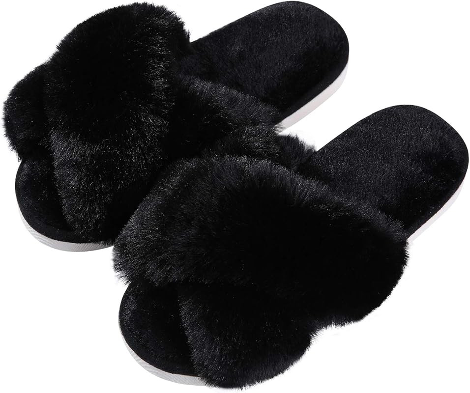 Amazon.com | Evshine Women's Fuzzy Slippers Cross Band Memory Foam House Slippers Open Toe | Slip... | Amazon (US)