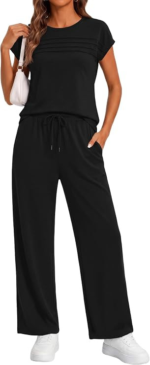 GRECERELLE Womens Summer 2 Piece Outfits Wide Leg Pants Lounge Set | Striped Cap Sleeve Tops,Trav... | Amazon (US)