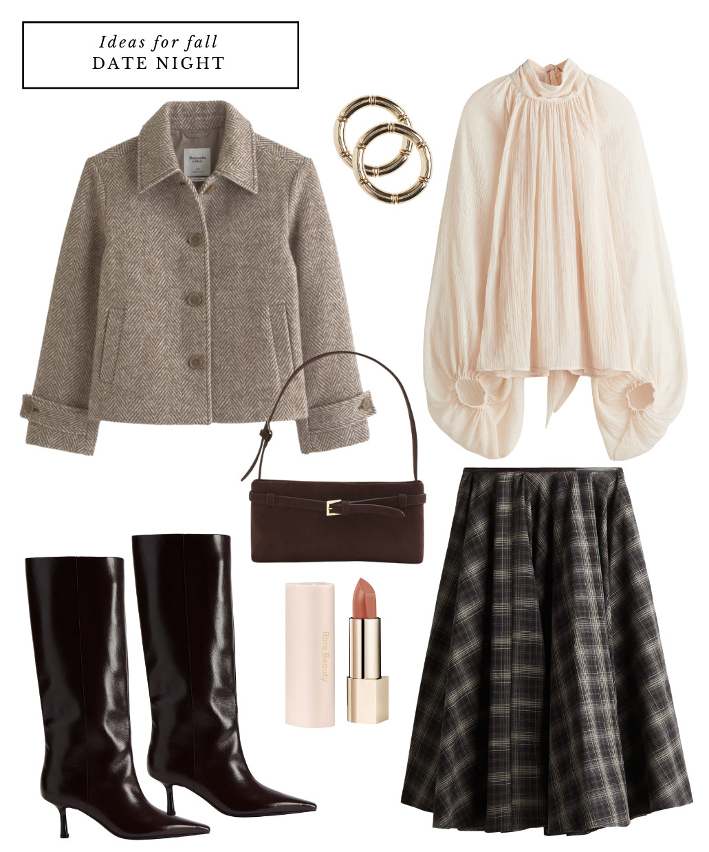 Date night outfit, fall date outfit idea, work outfit, dinner outfit, business wear // fall jacket, tweed jacket, blouse, long skirt, circle skirt, plaid, tall boots, heeled boots, shoulder bag, handbag, rare beauty lipstick, gold bracelets 

 #LTKworkwear #LTKbag #LTKdatenight
