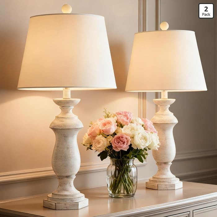 Maxax 27" Farmhouse Table Lamps Set of 2 for Living Room, Antique White Bedside Nightstand Lamps ... | Amazon (US)