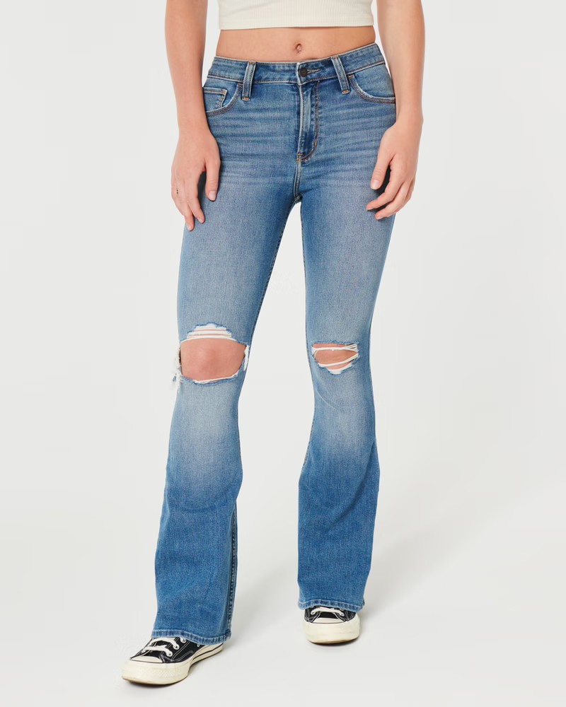 High-Rise Ripped Medium Wash Vintage Flare Jeans | Hollister (US)