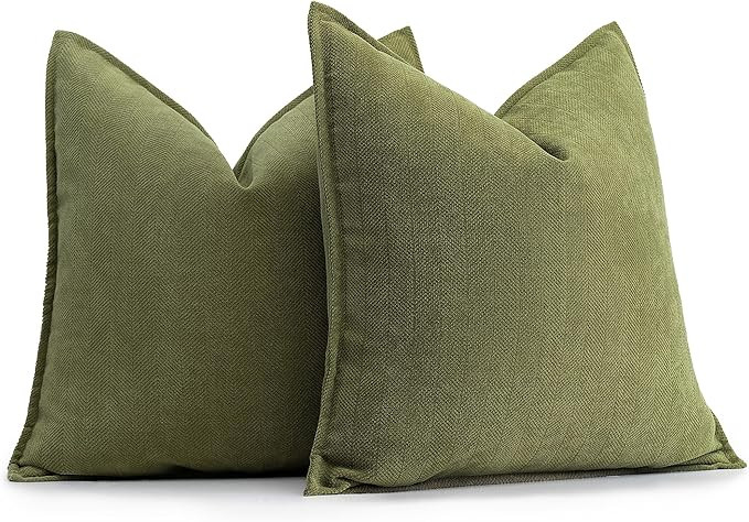 ZWJD Olive Green Pillow Covers 18x18 Set of 2 Chenille Throw Pillow Covers with Elegant Design So... | Amazon (US)