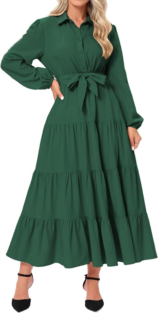 Long Sleeve Button Front Maxi Dress with Pockets | Amazon (US)