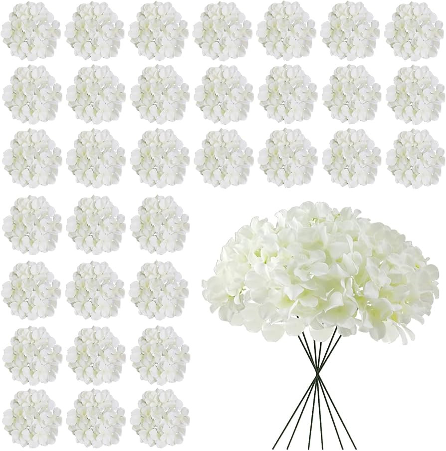 White Hydrangea Artificial Flowers Bulk, 30 Pcs Faux Hydrangea Flowers Heads, Artificial Fake Sil... | Amazon (US)