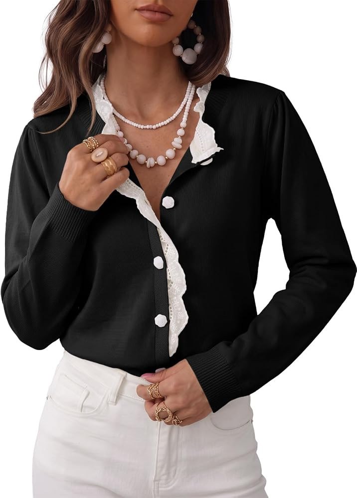 EVALESS Womens Long Sleeve Lace Trim Button Down Cardigan Sweaters | Amazon (US)