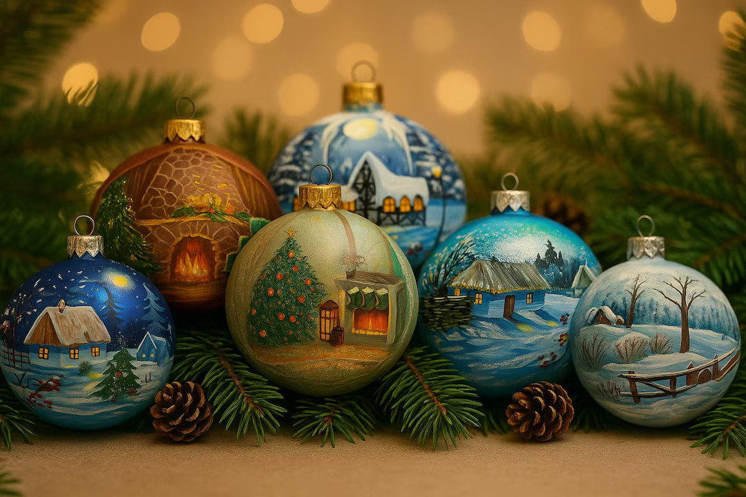 Hand Painted Christmas Tree Ornament 4" (10 Cm) Ball - Winter Village Scene - Etsy Canada | Etsy (US)