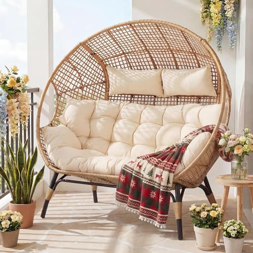 RADIATA Oversized Double Egg Chair for 2 Person, Stationary Wicker Loveseat with Cushion and Legs, Sturdy Rattan Seat for Outdoor Patio Balcony Deck Garden Living Room or Indoor Use, Beige | Amazon (US)