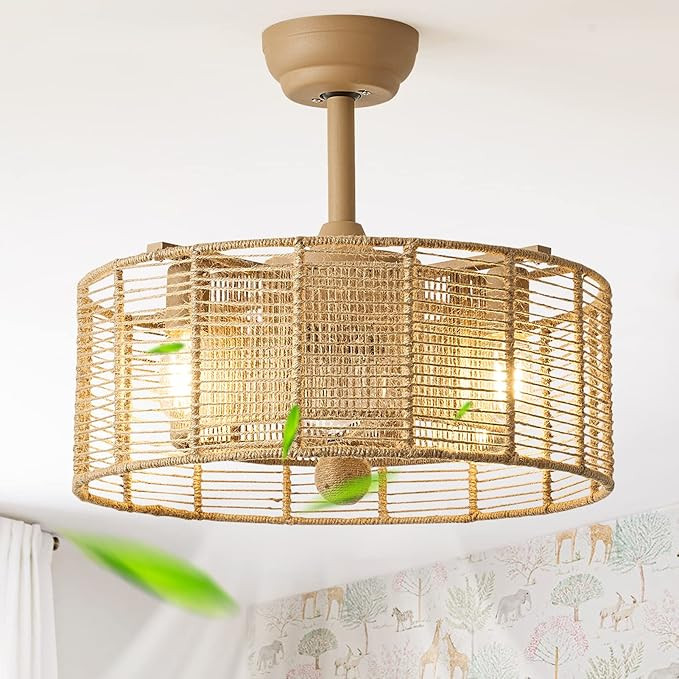 zheshirui 20" Boho Fandelier Ceiling Fans with Light and Remote, Rattan Caged Ceiling Fan with li... | Amazon (US)