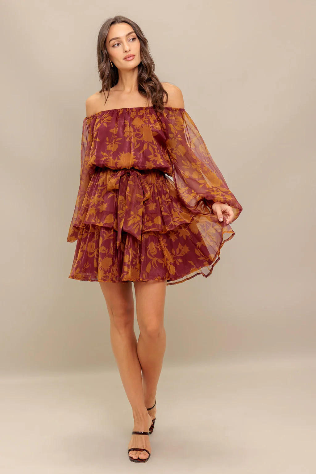 Destiny Maroon Floral Long Sleeve Mini Dress | Lady Black Tie
