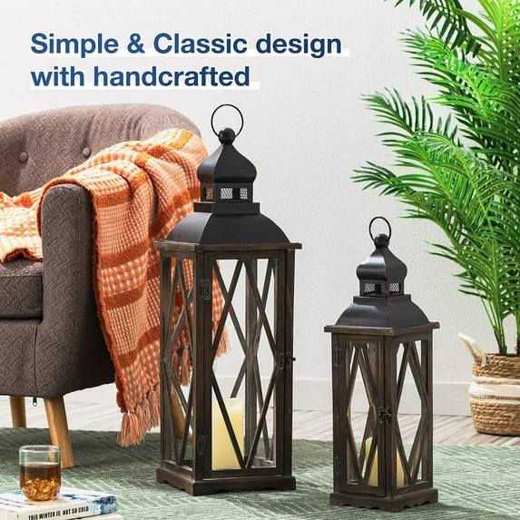 Lanterns Decorative Indoor, 2 Pack Wood/Metal Decorative Candle Lanterns, Vintage Lantern Decor L... | Walmart (US)