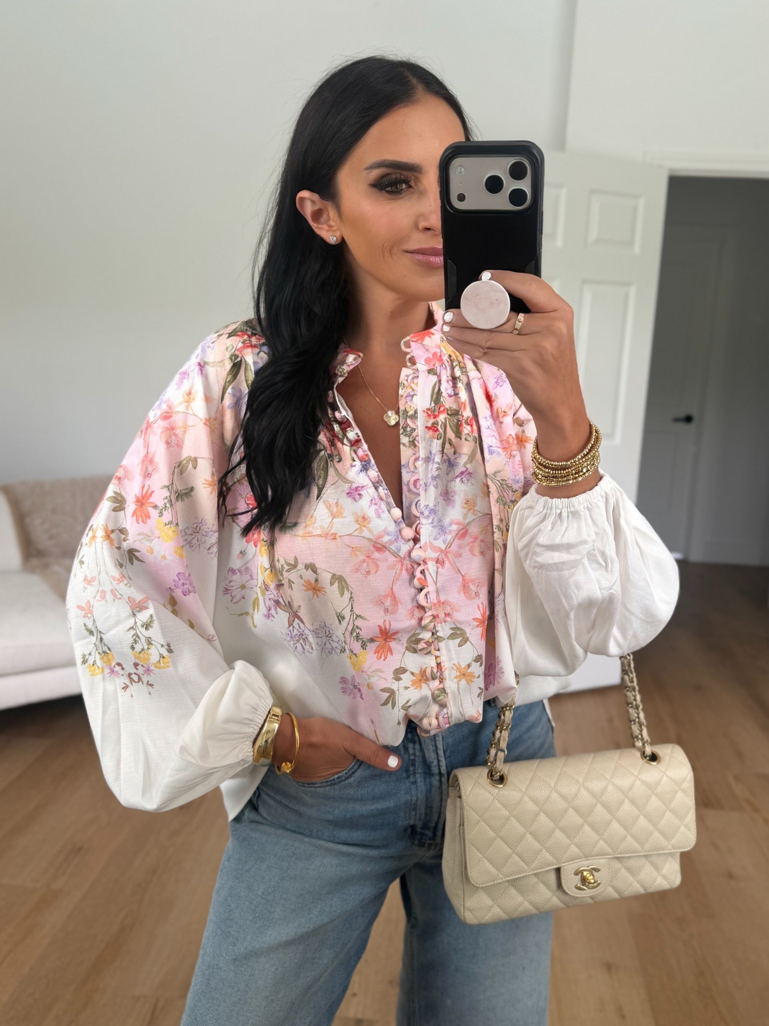 Petal & Pup Tiarna Floral Print Shirt wearing size small. Pistola Jeans
