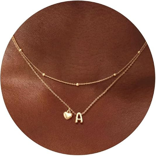 adoyi Gold Necklace for Women Layered Bubble Heart Letter Initial Necklaces for Women Trendy Jewe... | Amazon (US)