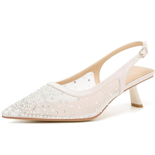 Mostrin Beige Kitten Heels for Women with Pearl Studded Pointed Toe Slingback Low Heels Rhinestone Dressy Pumps Shoes for Party Size 6 | Amazon (US)