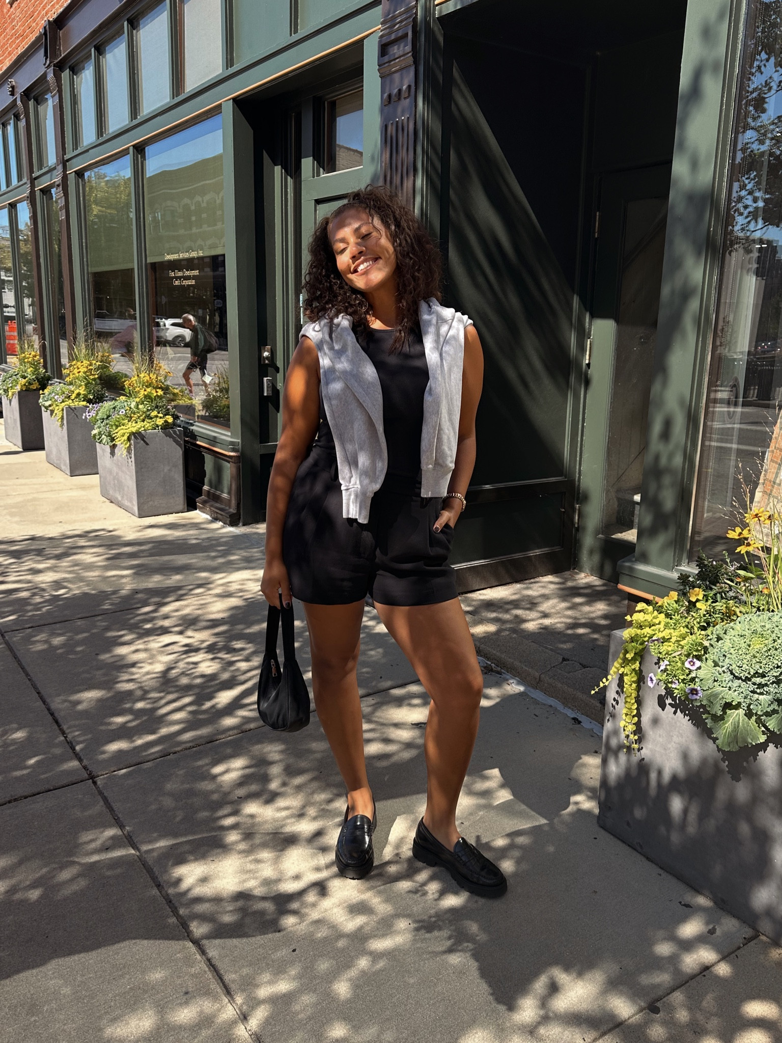 Tailored black shorts and ribbed black bodysuit with black loafers. #chicstyle #chicoutfits #chicfall #fallfashion #falloutfits 

#LTKstyletip