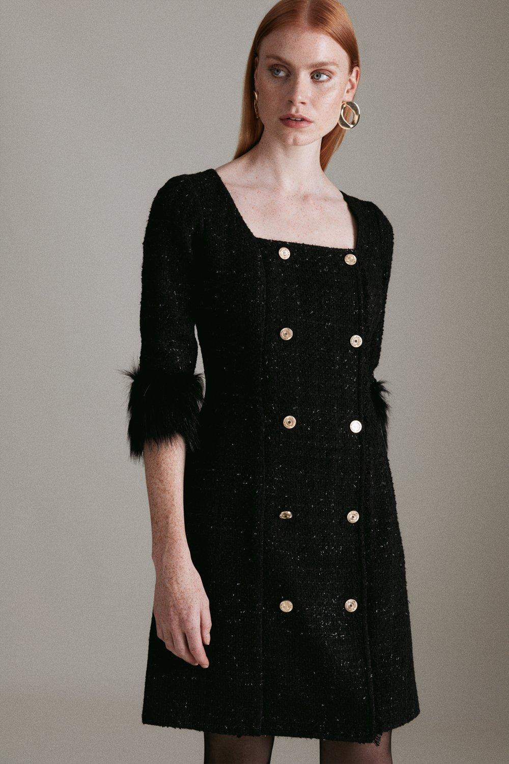 Sparkle Tweed And Faux Fur Cuff Db Mini Dress | Karen Millen UK & IE