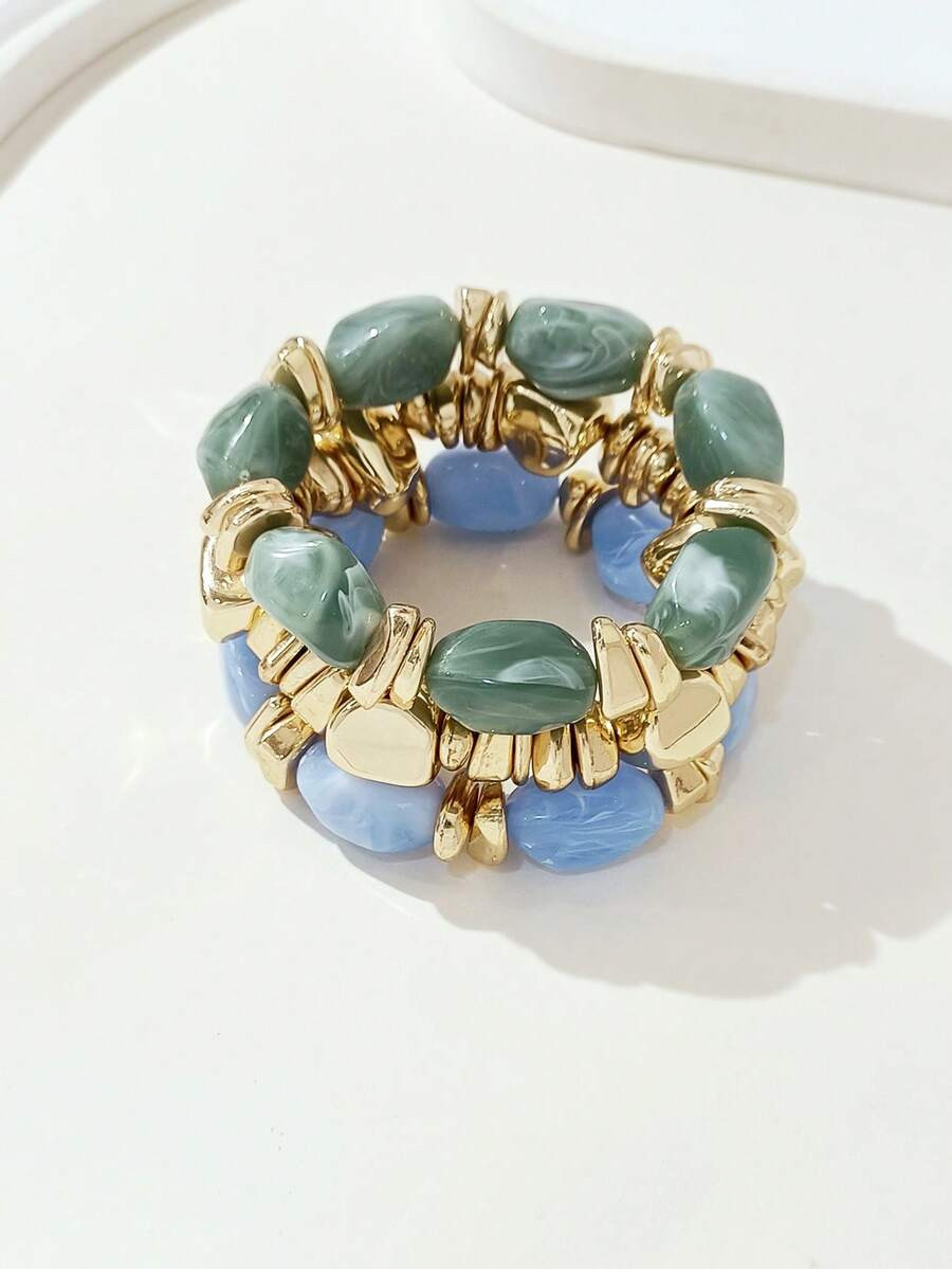 LADYCOCO 3pcs Vintage Thick Chunky Acrylic Beaded Multilayer Bracelet, Transformable Gold Chip Br... | SHEIN