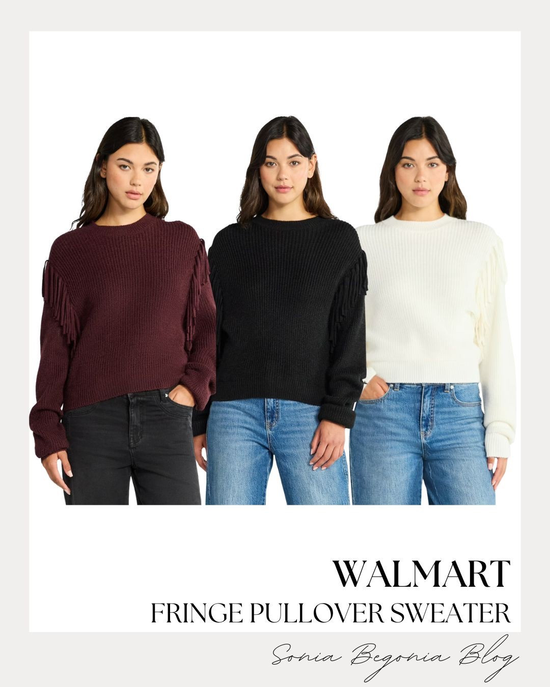 Cozy meets chic with this Walmart fringe pullover sweater — and it’s under $25! 🤎✨

Available in burgundy, black, and cream, this stylish ribbed knit sweater adds a touch of texture with subtle fringe detailing on the sleeves. Perfect for pairing with jeans, leggings, or skirts for an effortless fall or winter look. 🍂🧣

Whether you’re heading to brunch, running errands, or dressing up for a cozy night out, this affordable Walmart sweater is a must-have wardrobe staple this season.

Shop these Walmart fashion finds now before they sell out! 🛍️

⸻

#WalmartFinds #WalmartFashion #WalmartStyle #WalmartSweater #AffordableFashion #FallFashion #WinterOutfits #FringeSweater #CozyStyle #WalmartOutfits #WalmartWardrobe #BudgetStyle #WalmartMustHaves #SweaterWeather #Under25Finds #WalmartDeals #WalmartOOTD #SoniaBegoniaBlog #AffordableStyle #EverydayOutfits #FallOutfitInspo #ChicOnABudget #FringePullover #WalmartWomenFashion #WalmartLooks

#LTKStyleTip #LTKSeasonal #LTKFindsUnder50