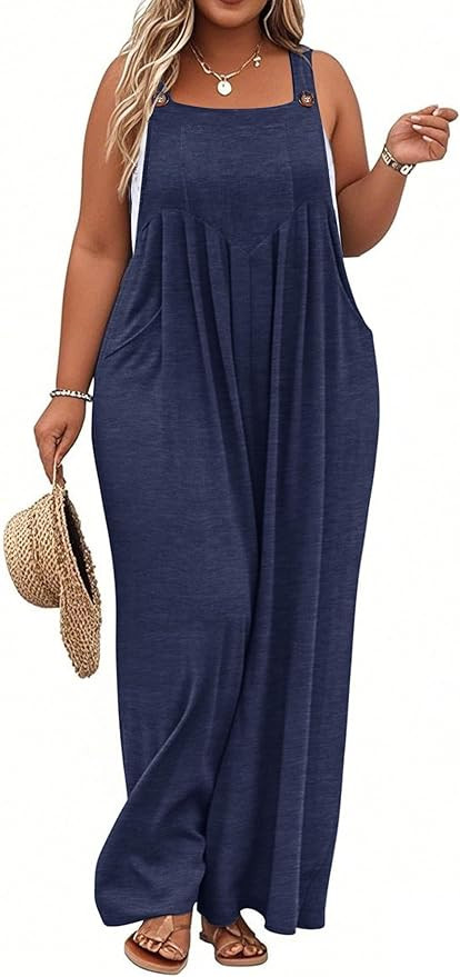 TAKEYAL Women's Plus Size Jumpsuit Overalls Wide Leg Casual Summer Rompers Adjustable Loose Fit J... | Amazon (US)