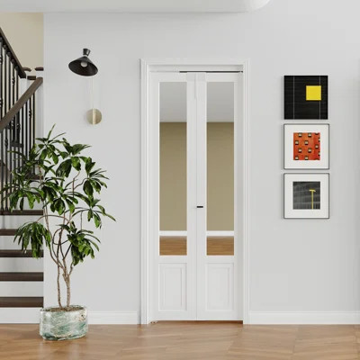 Mirrored Design Bifold Door - Lite Mirrored White MDF Bifold Interior Door,Folding Closet Doors With Hardware & Handle & Upper Lock | Wayfair North America