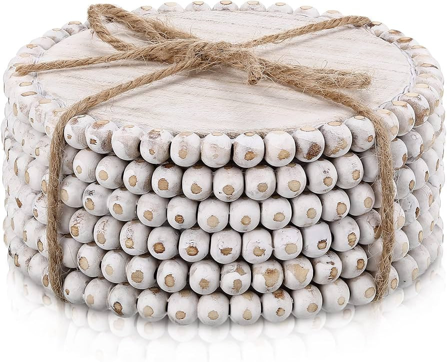 6 Pcs Beaded Wood Coasters Sets 3.94 Inches Round Beaded Coasters Farmhouse Coasters Home Wood Coasters for Drinks Bar Coasters Table Top Coasters for Home Kitchen Table Housewarming (White) | Amazon (US)