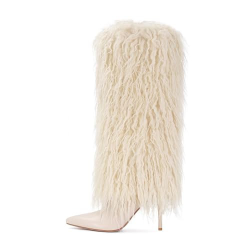 XBKXMK White Fur Knee High Boots for Women Pointed Toe Stiletto Heel Fold Over Tall Boots Fashion Wide Calf Pull On Long Booties Casual | Amazon (US)