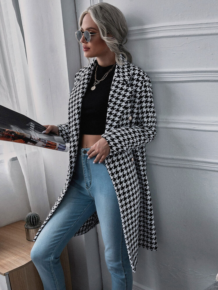 Lapel Collar Double Breasted Houndstooth Coat | SHEIN