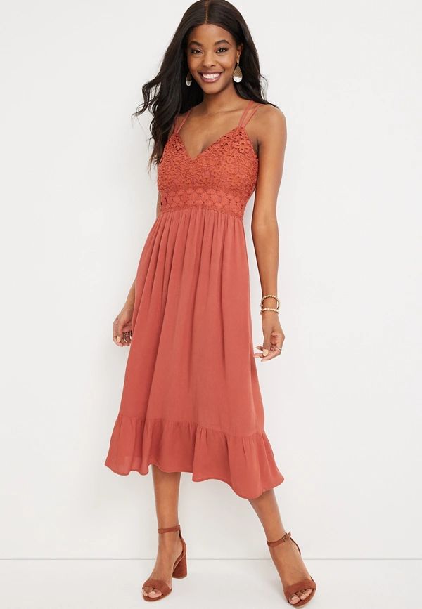 Solid Crochet Bodice V Neck Midi Dress | Maurices