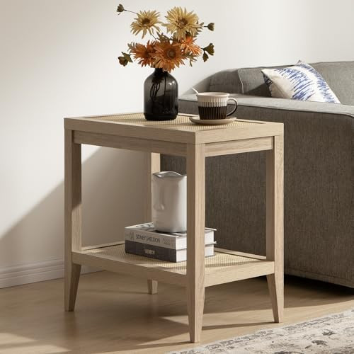 SICOTAS Rattan Nightstand Bedside Table - Farmhouse Boho Narrow Accent End Table with 2 Open Rattan Shelves for Bedroom, Living Room, Small Spaces - Light Oak | Amazon (US)