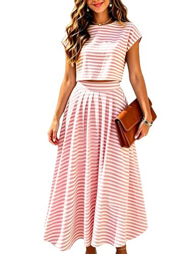 Zontroldy Women's Summer 2 Piece Outfits Striped Skirt Sets Cap Sleeve Crop Top Midi Dress Matching Travel Outfits(1535-Pink-S) | Amazon (US)