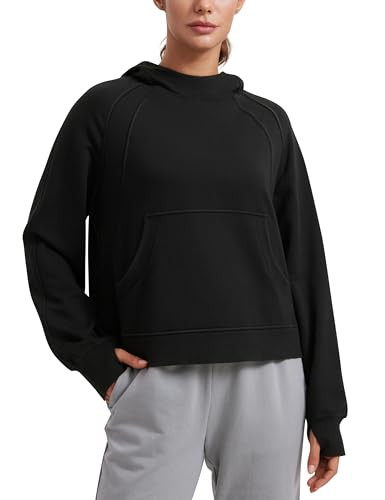 CRZ YOGA Womens Fleece Mock Neck Hoodie Oversized Pullover Long Sleeve Casual Workout Hooded Sweatshirts with Thumb Hole Black Small | Amazon (US)