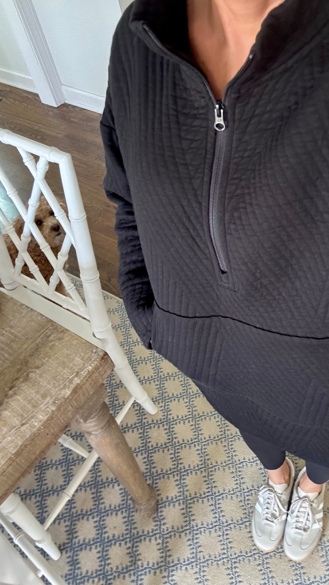 Black jacquard women’s pullover. Women’s adidas neutral Sambas.