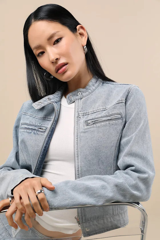 Khine Light Wash Denim Moto Jacket | Lulus
