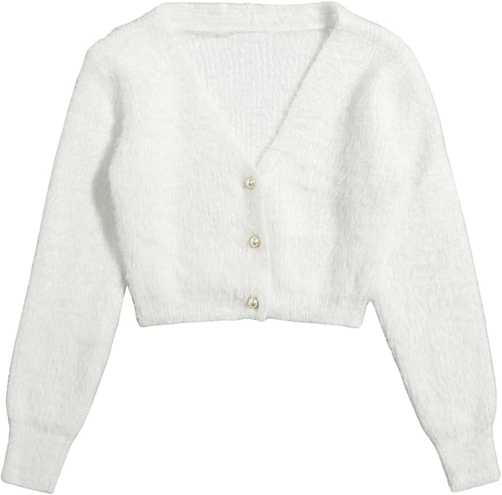 MakeMeChic Women's Long Sleeve V Neck Button Up Fuzzy Cardigan Sweater Crop Top White | Amazon (US)