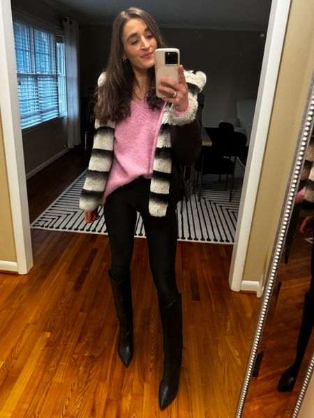 Winter outfit with a pop of pink 💕 and a little mob wife vibe 🙃

#LTKstyletip #LTKSeasonal #LTKworkwear