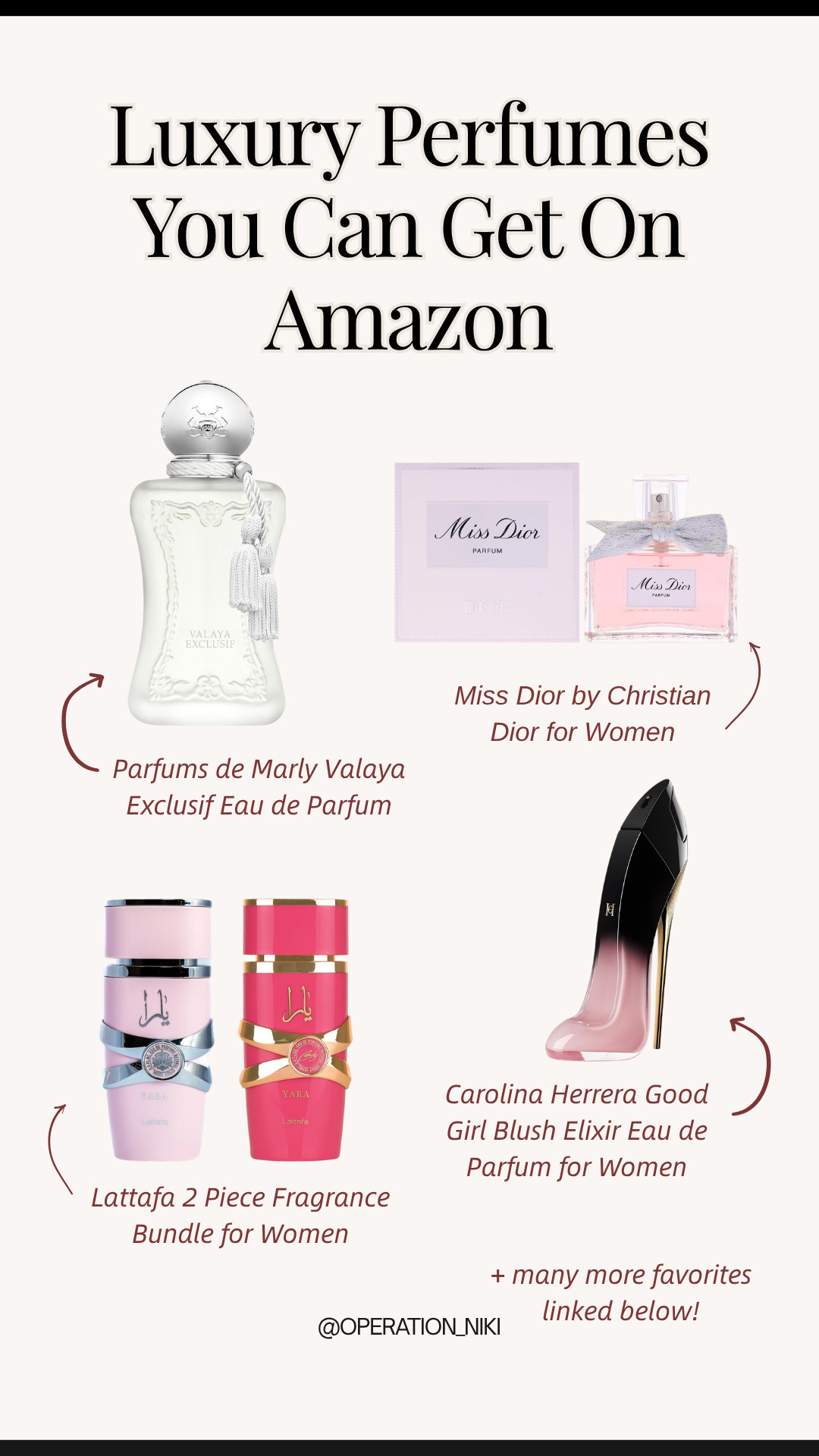 Finding your signature luxury fragrance is so much easier when you can have it delivered straight to your door! 🌸✨

This lineup features top luxury perfumes available on Amazon: Parfums de Marly Valaya Exclusif Eau de Parfum, Miss Dior by Christian Dior, Lattafa 2 Piece Fragrance Bundle (Yara & Yara Tous), and Carolina Herrera Good Girl Blush Elixir Eau de Parfum.

Shop all these luxury fragrance favorites linked below! 🛒

Follow for more @OPERATION_NIKI on IG, TikTok, & Facebook

#AmazonFinds #LuxuryPerfume #FragranceEdit #OperationNiki #AmazonBeauty #PerfumeCollection #SignatureScent #ShoppingHaul 

 #LTKHome #LTKBeauty