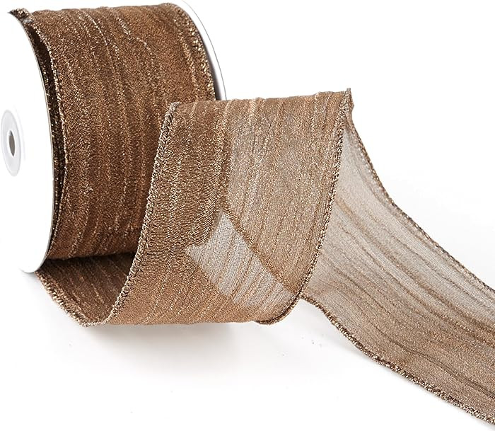MAYREEL Copper Wired Ribbon 2.5 Inch Brown Crinkle Sheer Ribbon for Fall Christmas Tree Wreaths B... | Amazon (US)