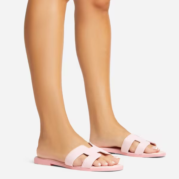 Addison Caged Flat Slider Sandal In Pink Faux Leather | EGO (UK)
