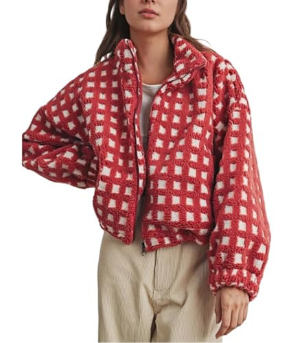 Womens Checkered Sherpa Jacket Cropped Long Sleeve Plaid Fleece Coats Zip Up Warm Fluffy Casual Outerwear with Pockets (US, Alpha, X-Large, Regular, Regular, Red) | Amazon (US)