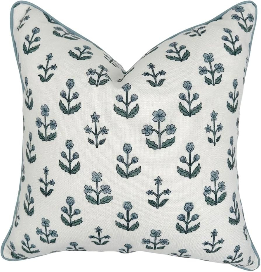 "The Beau” Floral Block Print Pillow Cover – Blue Decorative Throw Pillow Cover with White Ba... | Amazon (US)