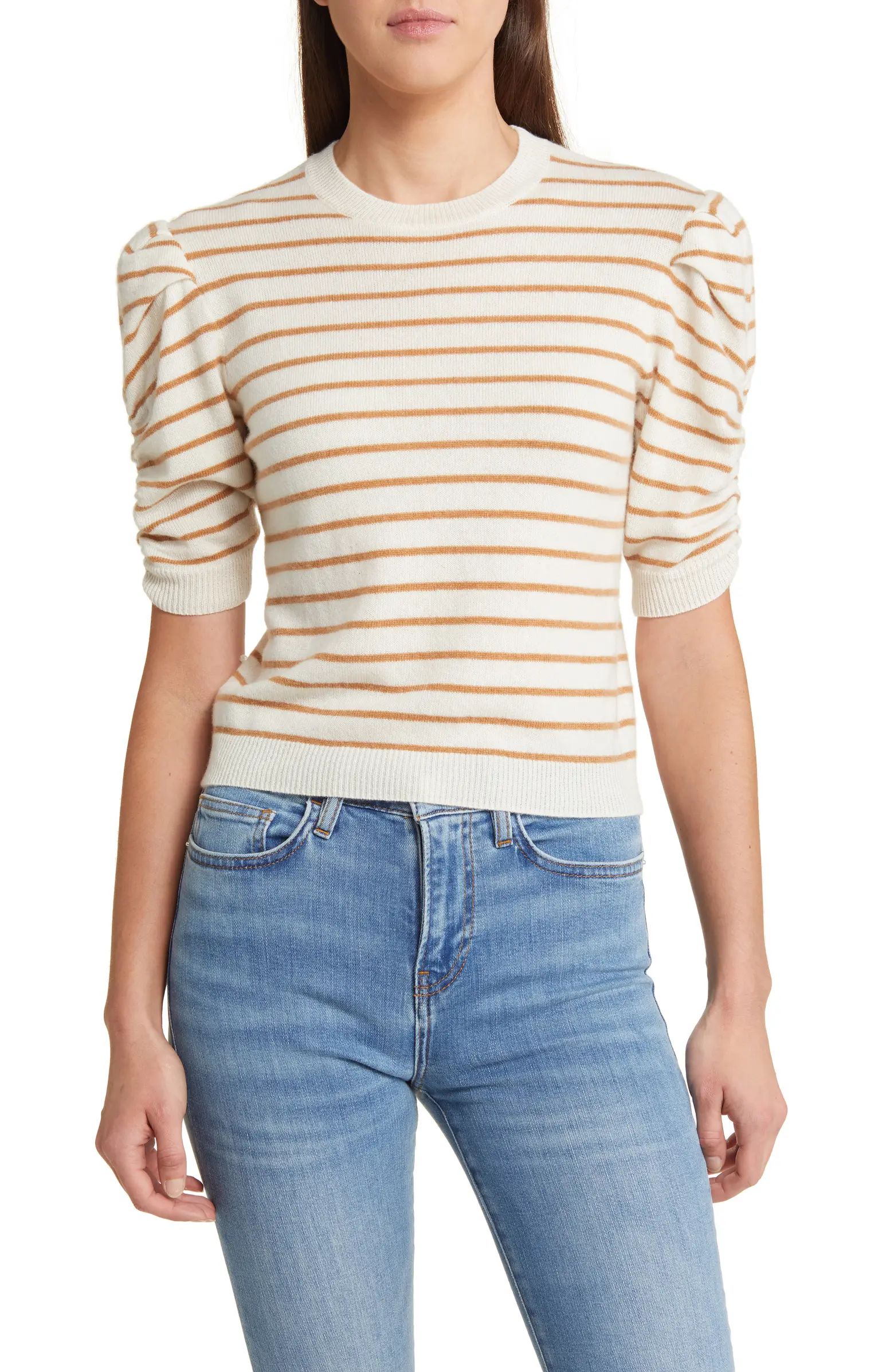 Stripe Ruched Sleeve Cashmere Sweater | Nordstrom