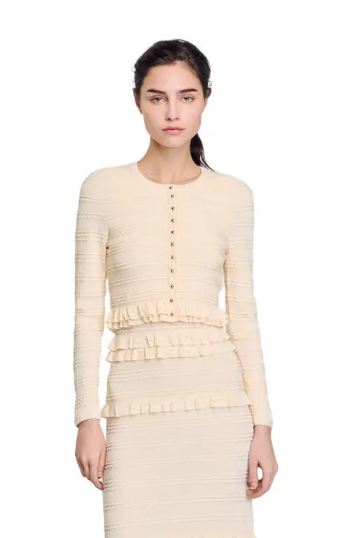 SANDRO Ruffled cardigan in Ecru at Nordstrom, Size X-Large | Nordstrom