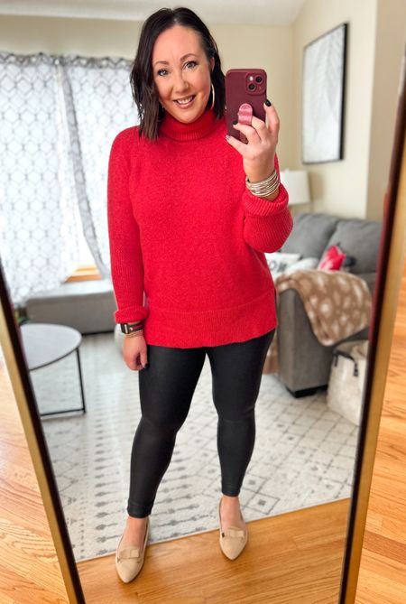 Holiday look with faux leather leggings.  Large sweater. Large leggings. Flats run tts  

#LTKHoliday #LTKcurves #LTKunder50