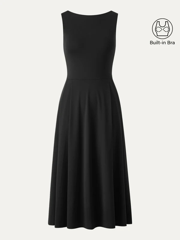 Boatneck Bamboo Ponte Brami Midi Dress with Pockets | OGLmove