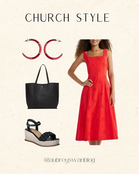 Church style✨ Walmarts brand free assembly has some new dresses out for the summer including this one! 

Style for church, summer dress, free assembly dress, womens style, time and tru wedge heel, Amazon black tote bag, time and tru earrings 