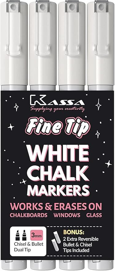 Kassa White Chalk Markers (4 Pack) Liquid Chalkboard Pens, Fine Tip: Erasable for Blackboard, Win... | Amazon (US)