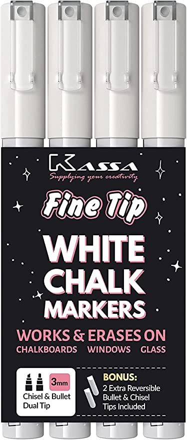 Kassa White Chalk Markers (4 Pack) Liquid Chalkboard Pens, Fine Tip: Erasable for Blackboard, Win... | Amazon (US)