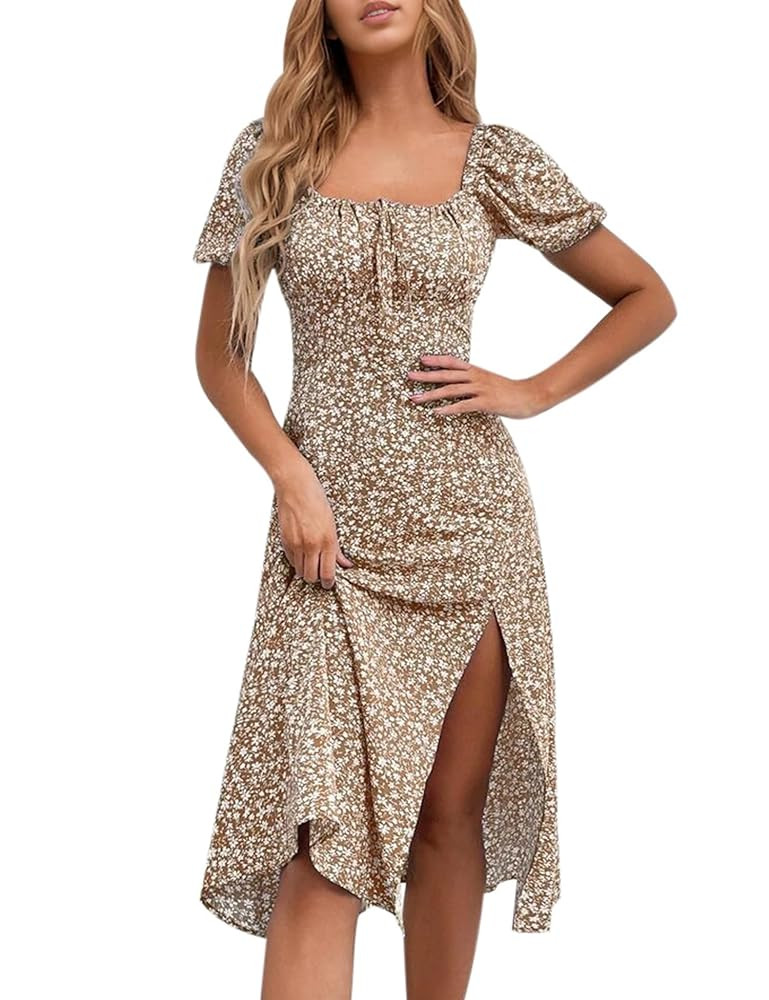SPRIME Women's Floral Summer Casual Dress Square Neck Puff Sleeve Boho Midi Dresses Ruched Bust H... | Amazon (US)