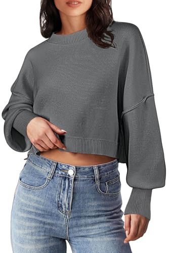 MEROKEETY Women's Cropped Sweater Casual Crewneck Long Sleeve Soft Loose Fit Knit Pullover Jumper Tops Grey Medium | Amazon (US)